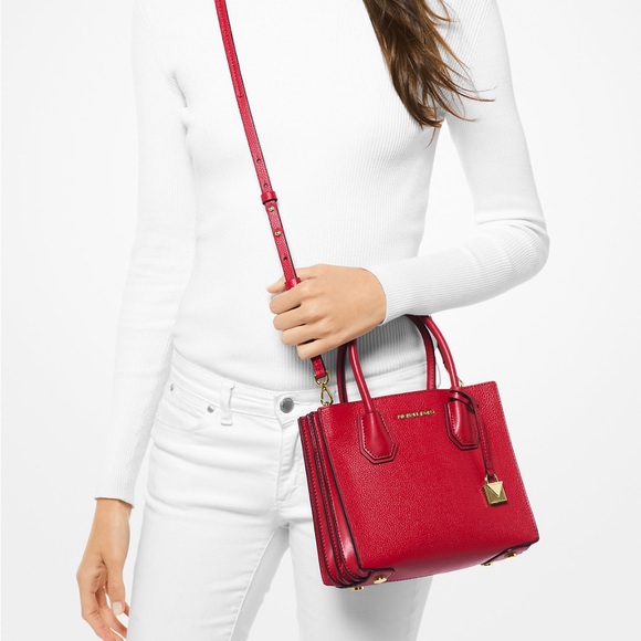 MICHAEL KORS ’MERCER’ PEBBLED LEATHER RED ACCORDIAN TOTE/CROSSBODY NWOT - Picture 4 of 15